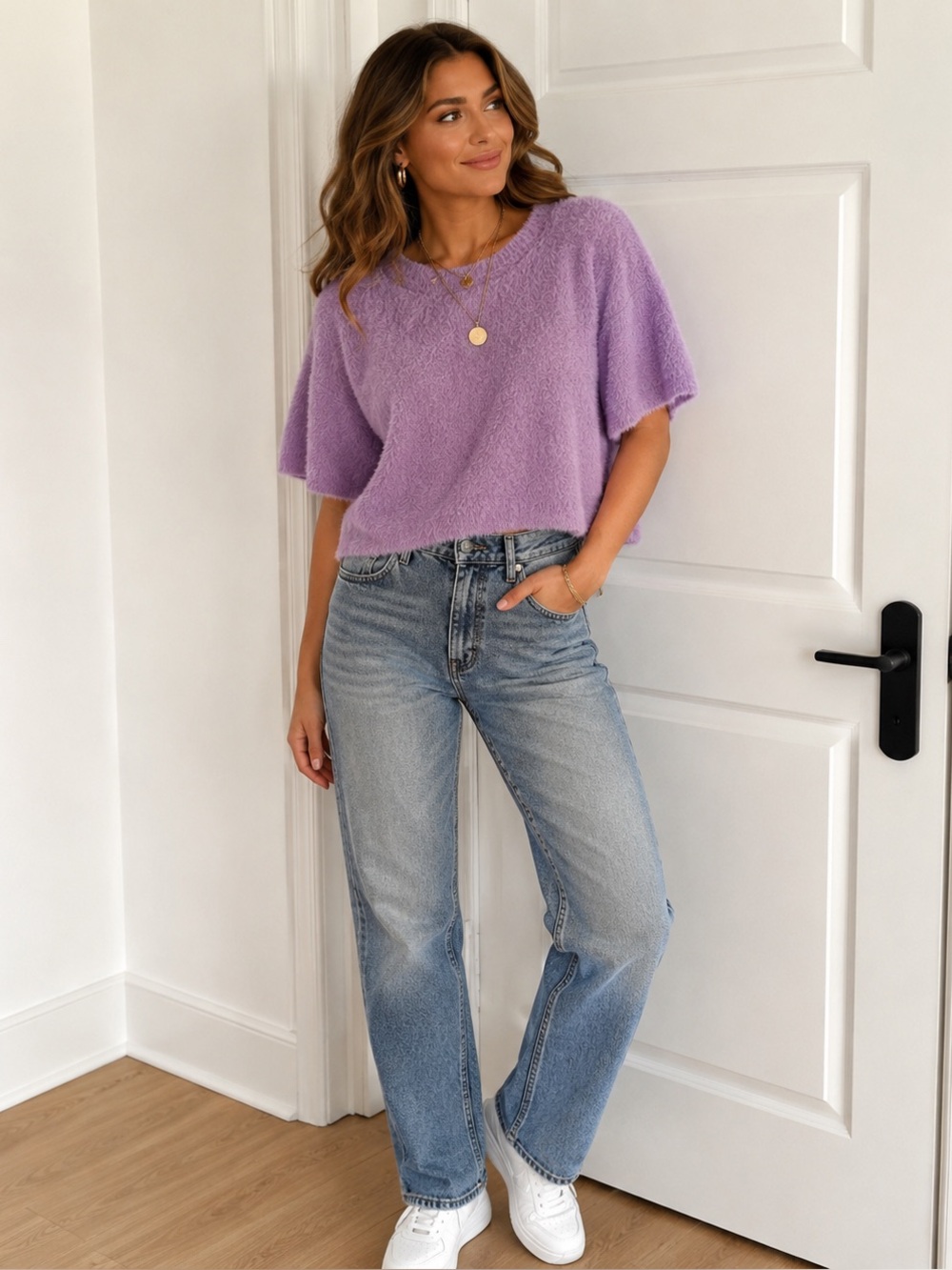 Anthro Self Contrast Lavender‎ Fuzzy Crop Sweater small